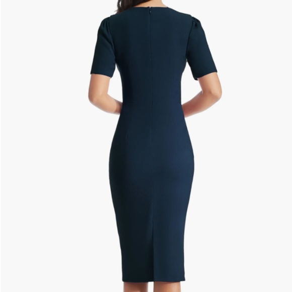 NWT Dress the Population Navy Ruth Asymmetric Neck Midi Dress (Size L) - Picture 3 of 9